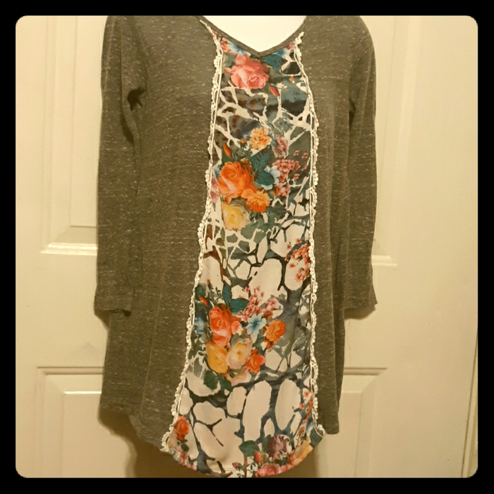 TRU LUV Heather Grey Floral 3/4 Sleeve Tunic Sz 12